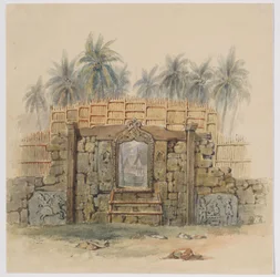 Muro de pedra coral com abertura emoldurada para a aldeia de Dula (Dullah), ilha de Dullah, ilhas Kai, sudeste das Molucas