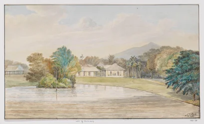 Paisagem com casa e lagoa, West Java