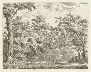 Duas figuras junto à água na floresta