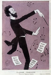 Cartoon de Claude Antoine Terrasse (1867-1925), compositor francês: Príncipe da opereta francaise. Em Fantasio. Desenho de Barrère.