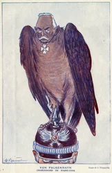 Desenho animado pelo general alemão Erich von Falkenhayn (1861-1922) (Tribunal Inferior Charognard) em "Fantasio" 1916 - Ilustração de Adrien Barrere (1877-1931)