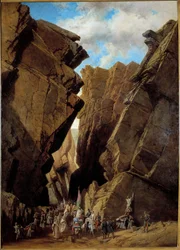 A colonização francesa da Argélia: "a passagem da Porta de Ferro na Argélia em 28/10/1839" A expedição francesa, comandada pelo Duque de Orleans em 1839 atravessa a passagem dos Bibans. Pintura por Adrien Dauzats (1804-1868) 1869 Sol. 1,46x1,05 m Orlea