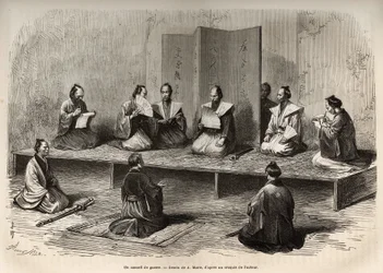 Um conselho de guerra em Edo (hoje Tóquio), que reúne os oficiais do taicoun (chefe do poder temporal) para enfrentar uma insurreição dos daimios (ou daimyos: nobreza japonesa) pouco antes da restauração dos meiji (1868), gravando a seguir à de A.Marie