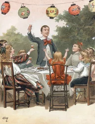 Um rapaz a discursar, crianças a tilintar copos, ilustração de Adrien Marie no livro Tout a la joie de Zari, Emile Guerin, publicação de 1890