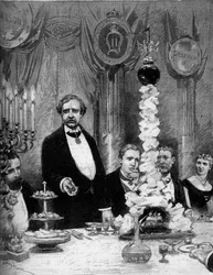 Banquete dado pela colônia escandinava de Paris em homenagem ao explorador Nils Adolf Erik (Eric) Barão Nordenskjold (Nordenskiold) (1832-1901) no Hotel Continental. Os presentes são: Conde Kapnitz, Professor Nordenskjold, Príncipe Oscar da Suécia (1859-19