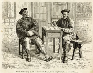 Jogadores de xadrez. Gravura depois do desenho de A.Marie, para ilustrar a viagem a Pekin e ao Norte da China, de T.Choutze, em 1873, publicado em "Le tour du monde" 1876, editado por Edouard Charton, edição Hachette, Paris. Coleção Selva.
