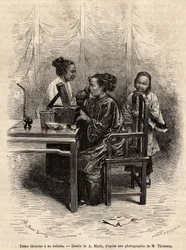 A senhora chinesa tem a casa de banho dela. Gravura depois do desenho de A. Marie, para ilustrar a viagem a Pequim e ao Norte da China, de T. Choutze, em 1873, publicado em "Le tour du monde" 1876, editado por Edouard Charton, edição Hachette, Paris. Coleç