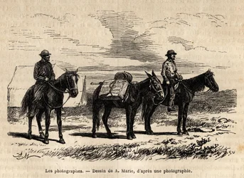 Fotógrafos da missão geológica americana, a cavalo, material cuidadosamente embalado e pronto para uma nova etapa, gravura segundo o desenho de A. Marie, ilustrando um conjunto de missões geográficas através do Parque Nacional dos Estados Unidos, de 1870