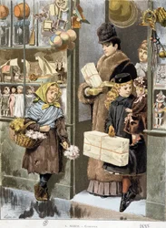 Pobre garota vendendo pequenos buquês na saída de uma loja de brinquedos onde os ricos saem (compras de Natal?) - desenho de Adrien Marie