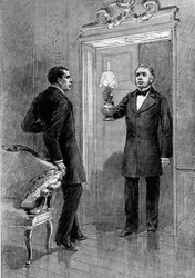 Representação teatral : 4eme acte de "Jean Baudry" par Auguste Vacquerie (1819-1895) avec Gustave Hippolyte Worms (1836-1910) (Olivier), Edmond Got (1822-1901) (Jean Beaudry). Paris, Comedie Francaise