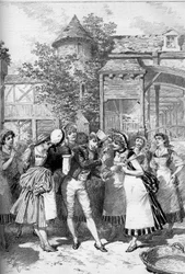 O belo Nicolas rodeado pelas meninas da aldeia. Juliette Simon-Girard (Simon Girard) (1859-1959) no papel de Nicolas para a ópera "Le beau Nicolas" (Acto II) depois de um libreto de Eugene Leterrier (1843-1884), Albert Vanloo (1846-1920) e um