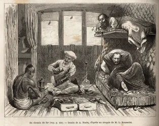 O interior de um vagão-cama dos caminhos-de-ferro das Índias Orientais, na rota para Azimgange, num compartimento grande, num cais amovível e num lavatório, bem como o pessoal do vagão que supervisiona o conforto dos passageiros, disponível para encerar bo