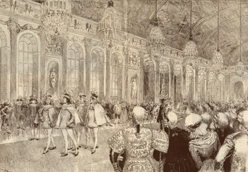 A procissão dos cavaleiros da Ordem do Espírito Santo (Espírito Santo) na galeria de gelo do castelo de Versalhes, no dia de Pentecoot, em 1789. Desenho de Adrien Marie, de 1889.
