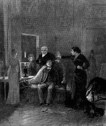 Representação teatral: 5º acto de "Jack" de Alphonse Daudet (1840-1897) e H. Lafontaine com Miss Sisos (Cecile), M. Porel (Dr. Rivals), M. Chelles (Jack), Miss Montaland (Ida de Barancy). Paris, teatro de l