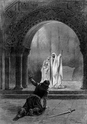 Representação teatral: "Garin" de Paul Delair (1842-1894) com Henri Maubant (1821-1908) (Herbert), Adeline Dudlay (Aischa) e Jean Sully Mounet dit Mounet Sully (Mounet-Sully) (1841-1916) (Garin). Paris, Comedie Francaise