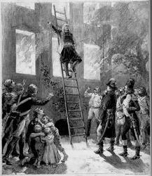 Representação teatral: "Noventa e três" ("Noventa e três") de Paul Meurice (1818-1905) de Victor Hugo (1802-1885). O fogo do Tourgue (10º quadro): o Marquês de Lantenac, depois de salvar a vida das crianças do Flecharde, entrega-se a
