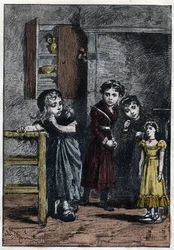 As duas filhas de Thenardier, Eponine e Azelma, olhem para Cosette que recebeu a boneca Catherine - Ilustração de Adrien Marie (1848-1891) para "Os miseráveis - Segunda parte": Cosette" de Victor Hugo (1802-1885) 1862
