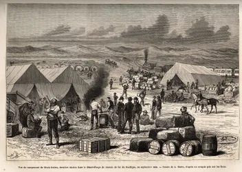 Vista do acampamento Black Buttes, última estação no deserto vermelho (deserto Mojave) da ferrovia do Pacífico, em setembro de 1868, gravada após o desenho de A.Marie, ilustrando a viagem de Washington a São Francisco, em 1868, por L. Simonin, publicada em