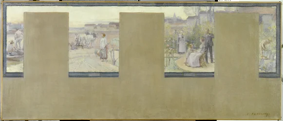 Esboço para a Câmara Municipal de Nogent-sur-Marne: Le canotage - le labourage - la villégiature - le jardinage, em 1889 (óleo sobre tela (armadura))