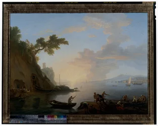 Costa napolitana com pescadores ao nascer do sol