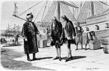Gravura de Adrien Moreau (1843-1906) ilustrando "Candide" de François Marie Arouet dit Voltaire (1694-1778).