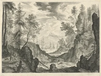 Paisagem florestal com uma queda de água
Paisagens de montanha do Tirol (título da série)