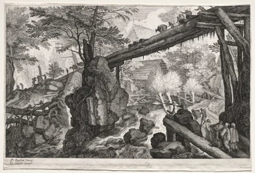 Oito paisagens boêmias: paisagem com ponte sobre a catarata, c. 1610-1615.