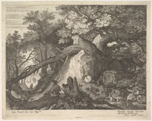 Um homem segurando um cajado e sentado em um tronco de árvore, com duas cabras de cada lado, surro ..., ca. 1600