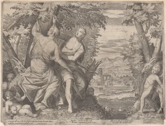 Angélica e Medoro, eles ficam ao lado de um riacho enquanto Medoro esculpe seus nomes em um tr..., 1590-98.