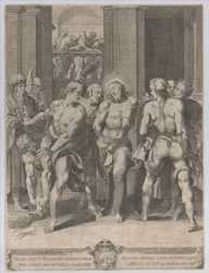 A Flagelação de Cristo, com açoites de cada lado e figuras assistindo de uma varanda..., 1593.