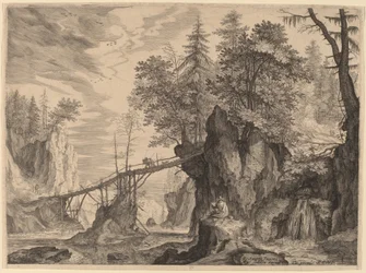 Desenhador em uma pedra antes de uma ponte