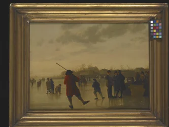 Uma paisagem fluvial congelada com skaters (óleo sobre tela)