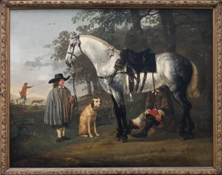 Cavalo cinzento numa paisagem. Pintura de Albert (Aelbert ou Aelbrecht) Cuyp (1620-1691), óleo sobre tela, cerca de 1650. Arte holandesa