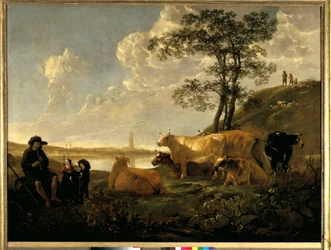Paisagem perto de Rhenen: vacas a pastar e pastor a tocar flauta. Pintura de Albert (Aelbert ou Aelbrecht) Cuyp (1620-1691)