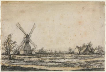 Paisagem com um moinho de vento perto de uma fazenda, 1642-1644.