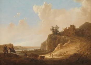Paisagem montanhosa com as ruínas de um castelo