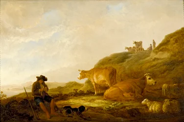Pastor sentado com vacas e ovelhas em um prado, c1644