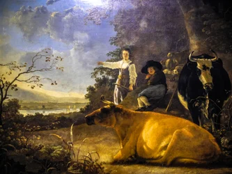 Duas vacas com um pastor e uma pastora