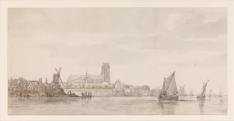 Vista da Groote Kerk em Dordrecht a partir do rio Maas