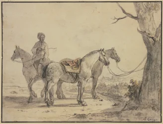 Dois cavalos selados atados a uma árvore, com um cavaleiro