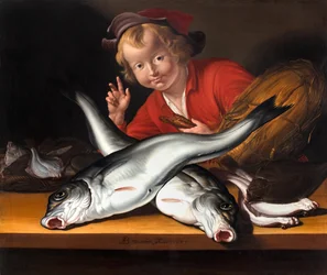 Um jovem vendedor de peixe, c.1657-57 (óleo sobre tela sem forro)