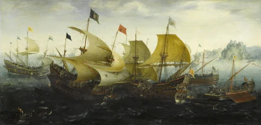 Batalha de Cádis Navios holandeses e ingleses atacam a armada espanhola, 1608