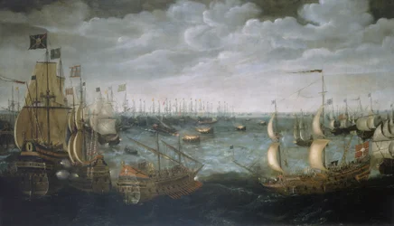 Lançamento de navios de fogo contra a Armada Espanhola, 7 de agosto de 1588, c.1590 (óleo sobre tela)