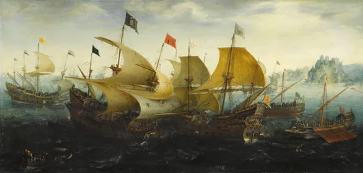 A Batalha de Cádiz (navios holandeses e ingleses atacam a armada espanhola)