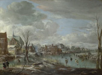 Um Rio Congelado perto de uma Aldeia, com Golfistas e Skaters, c. 1647-1648
