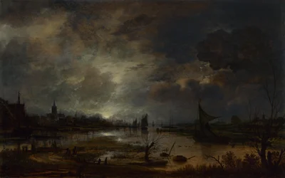 Um rio perto de uma cidade, à luz da lua, c. 1645