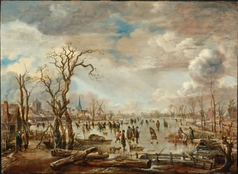 Paisagem de inverno com prazeres de gelo, c. 1655