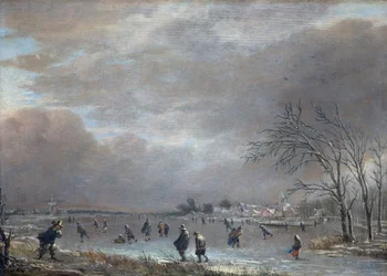 Paisagem de inverno com patinadores em um rio congelado