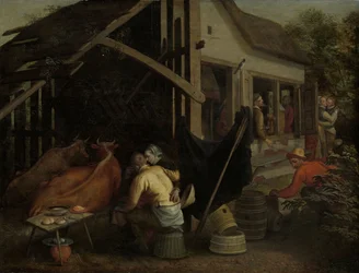 Casais a fazer amor numa estalagem de campo, c.1570-1590 (óleo sobre painel)