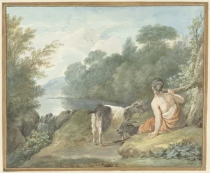 Pastora com cabras em uma paisagem com lago